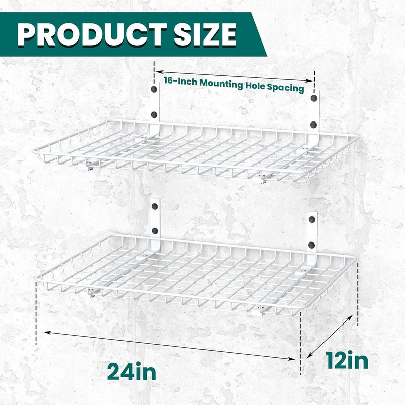 EVERHANGER Garage Wall Shelves 12x24 Inch, Wall Mounted Storage Shelf, Metal Shelf Rack, Heavy-Duty Shelf Organizer 2 Pack, White - Image 2